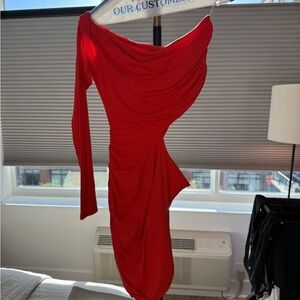 ALIX NYC Coral Asymmetrical Ruched Cocktail Dress with Cutout